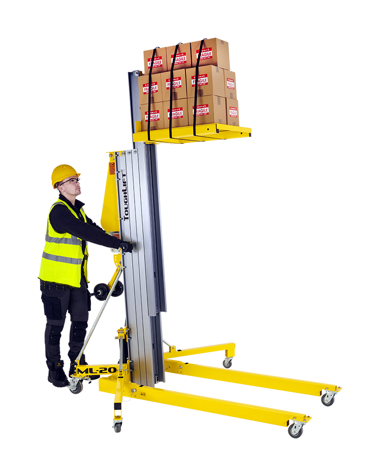 Boîtes de levage ToughLift Material Lift avec la plate-forme de chargement installée sur les fourches standard.