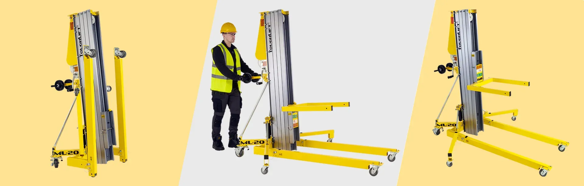 Eine Montage aus drei Bildern eines ML-20-Materiallifts in der Transportkonfiguration, mit ausgefahrenen Stabilisatoren und Vorderbeinen und mit angehobenem Schlitten.