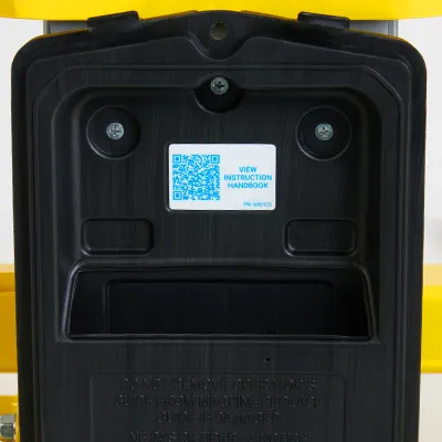 QR code decal to scan to open the Instruction Handbook on a smartphone.