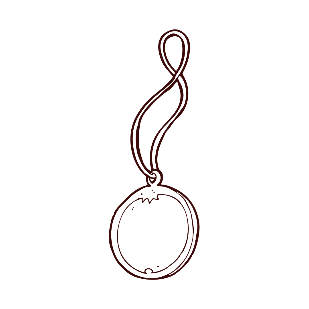 Un disegno di una medaglia su una corda su uno sfondo bianco.