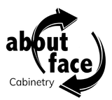 Logo for "about face" cabinetry; text framed by two arrows forming a circular motion.