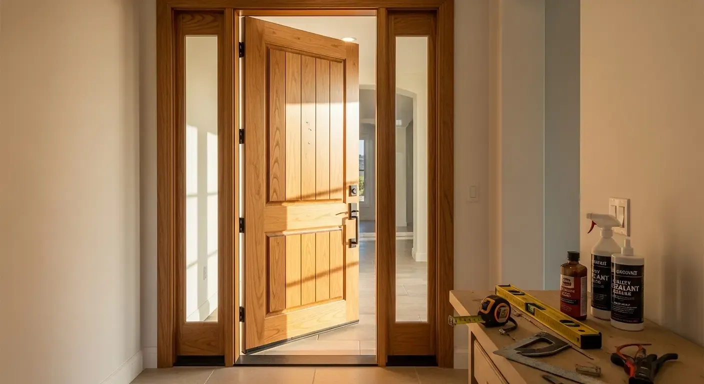Open wooden front door letting sunlight into a hallway, with a small table and items on the right.