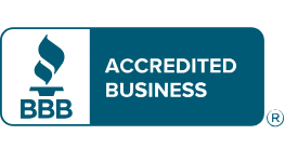 The bbb logo is blue and white and says accredited business.