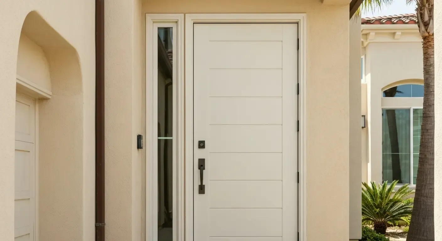 White front door with black handle in a beige stucco entryway