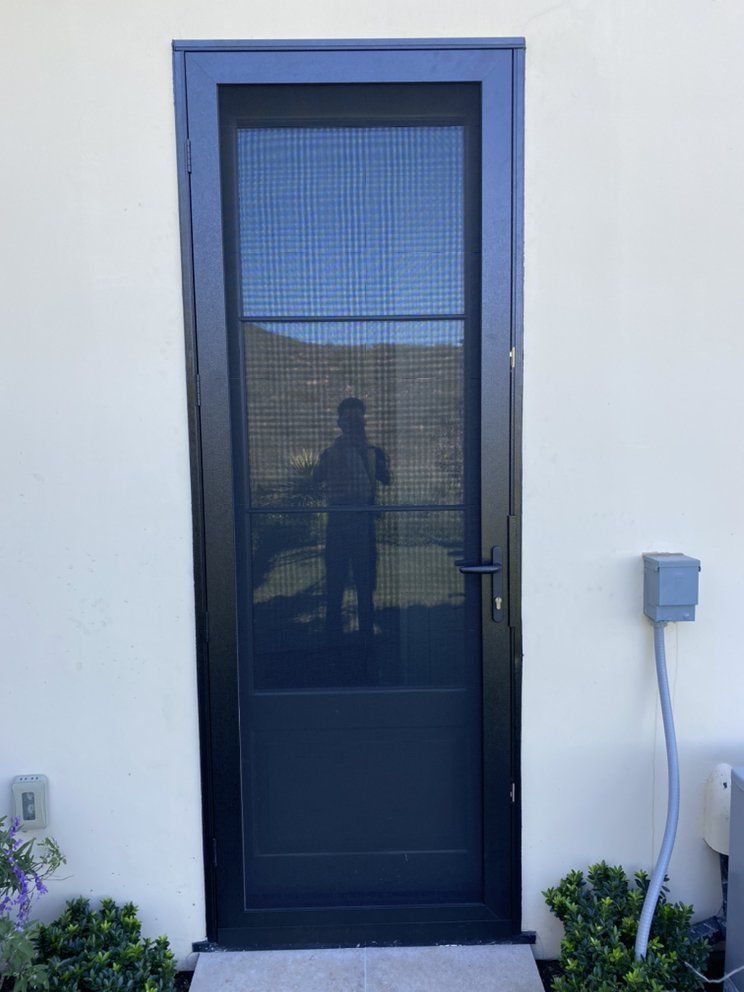 Blue screen door with reflected person, next to a white wall and small plants in planters