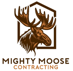 Mighty Moose Contracting logo with a moose carrying tools and orange text