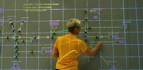 Assembler building a wire harness from instructions projected on a digital harness board