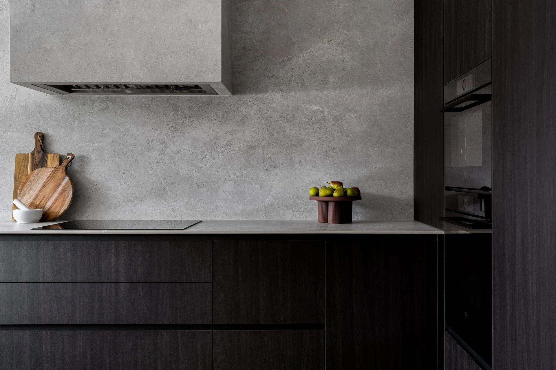 Modern Kitchen With Dark Wood Cabinets — Onyx Detailed Joinery in Unanderra, NSW