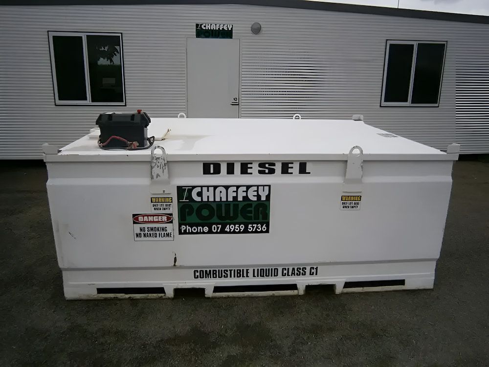 A Diesel Fuel Tank Sits in Front of a Building — Chaffey Power in West Mackay, QLD