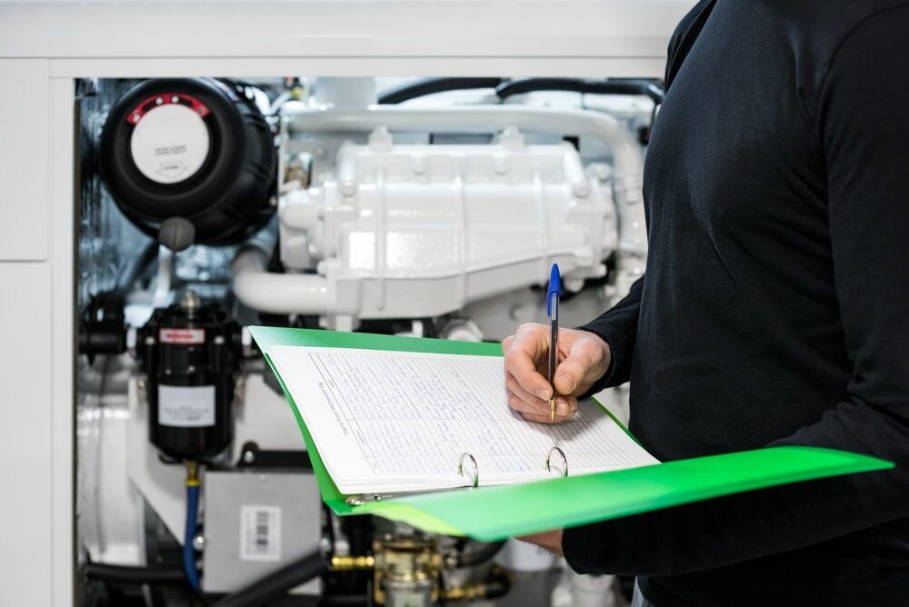 A Man is Writing on a Clipboard in Front of a Boat Engine — Chaffey Power in Rockhampton, QLD