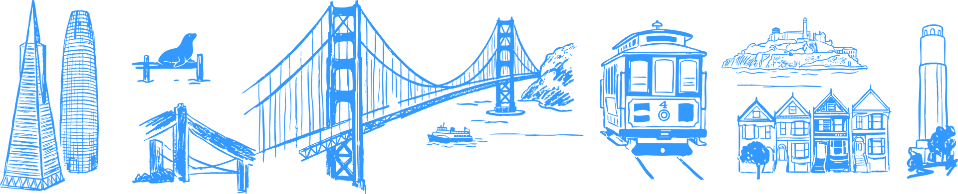 San Francisco City Attractions Line Art Illustration in Green