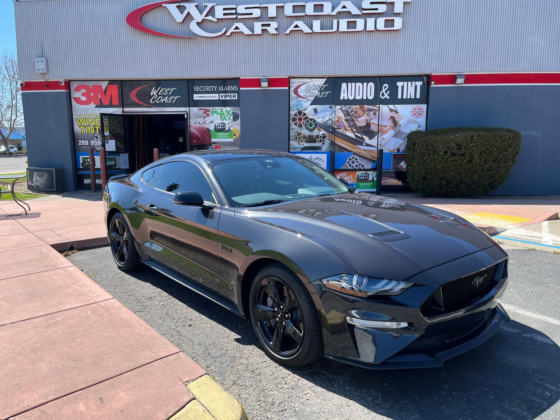 Mustang at the West Coast Car Audio and Tint storefront