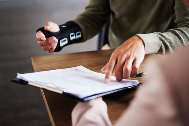 Hands marking a form on a clipboard during a meeting at a wooden table