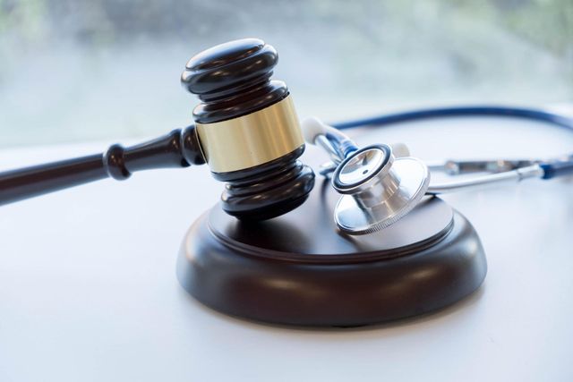 Judge’s gavel beside a stethoscope on a desk, symbolizing medical law or malpractice