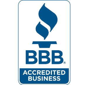 Blue and white BBB Accredited Business logo: flame icon above