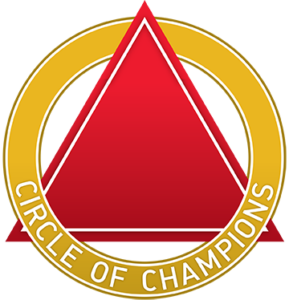 Gold circle around a red triangle. Text says
