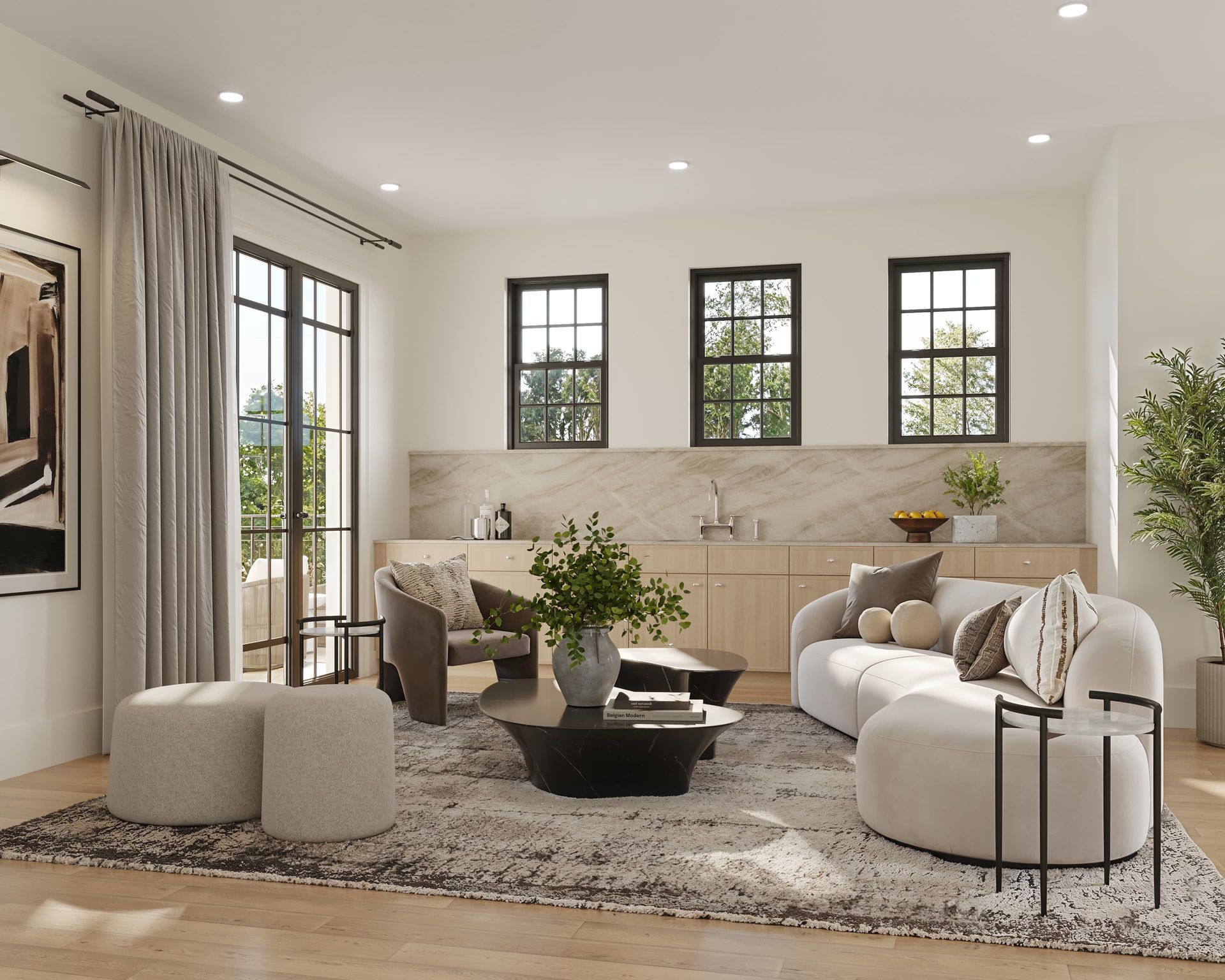 Bedroom with a bed, large windows, chairs, and neutral-colored curtains.