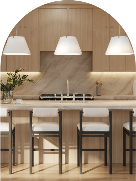 Modern kitchen with light wood cabinets, marble backsplash, island with stools, and pendant lights.