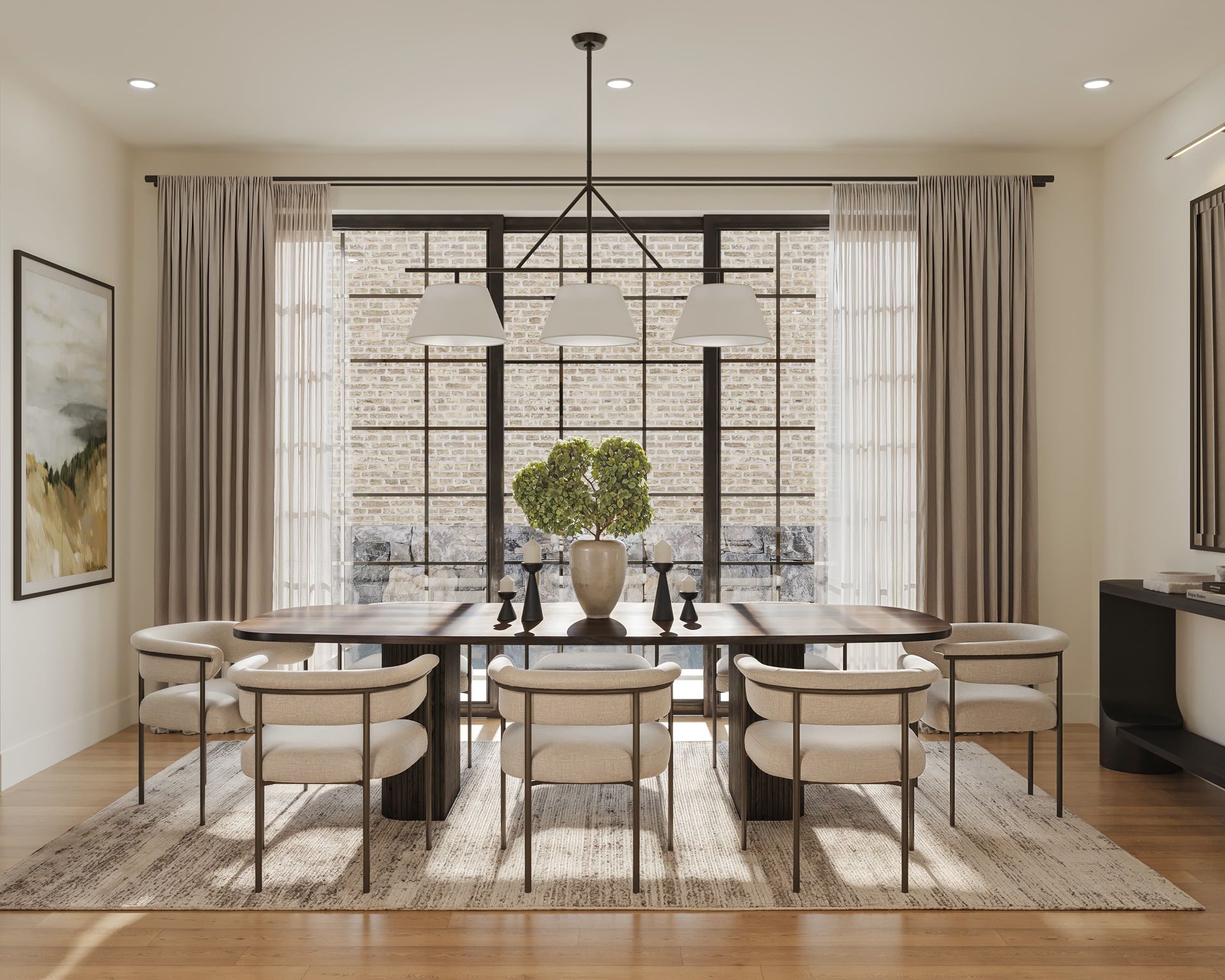 Dining room with table, chairs, large window, rug, and chandelier.