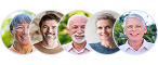 Five smiling faces in circular frames, showing diverse people on a white background