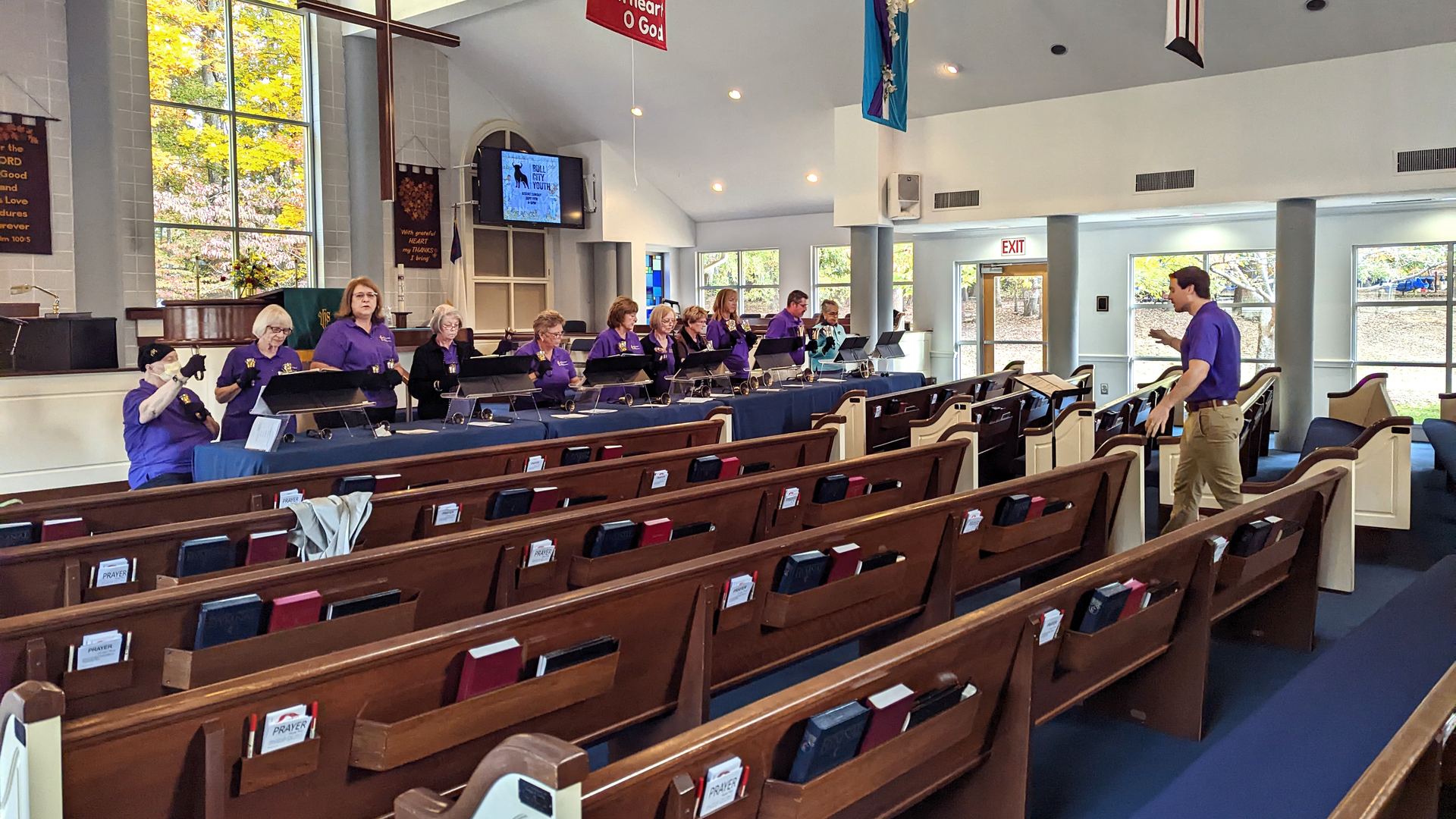 The handbell choir plays at Aldersgate United Methodist Church in north Durham