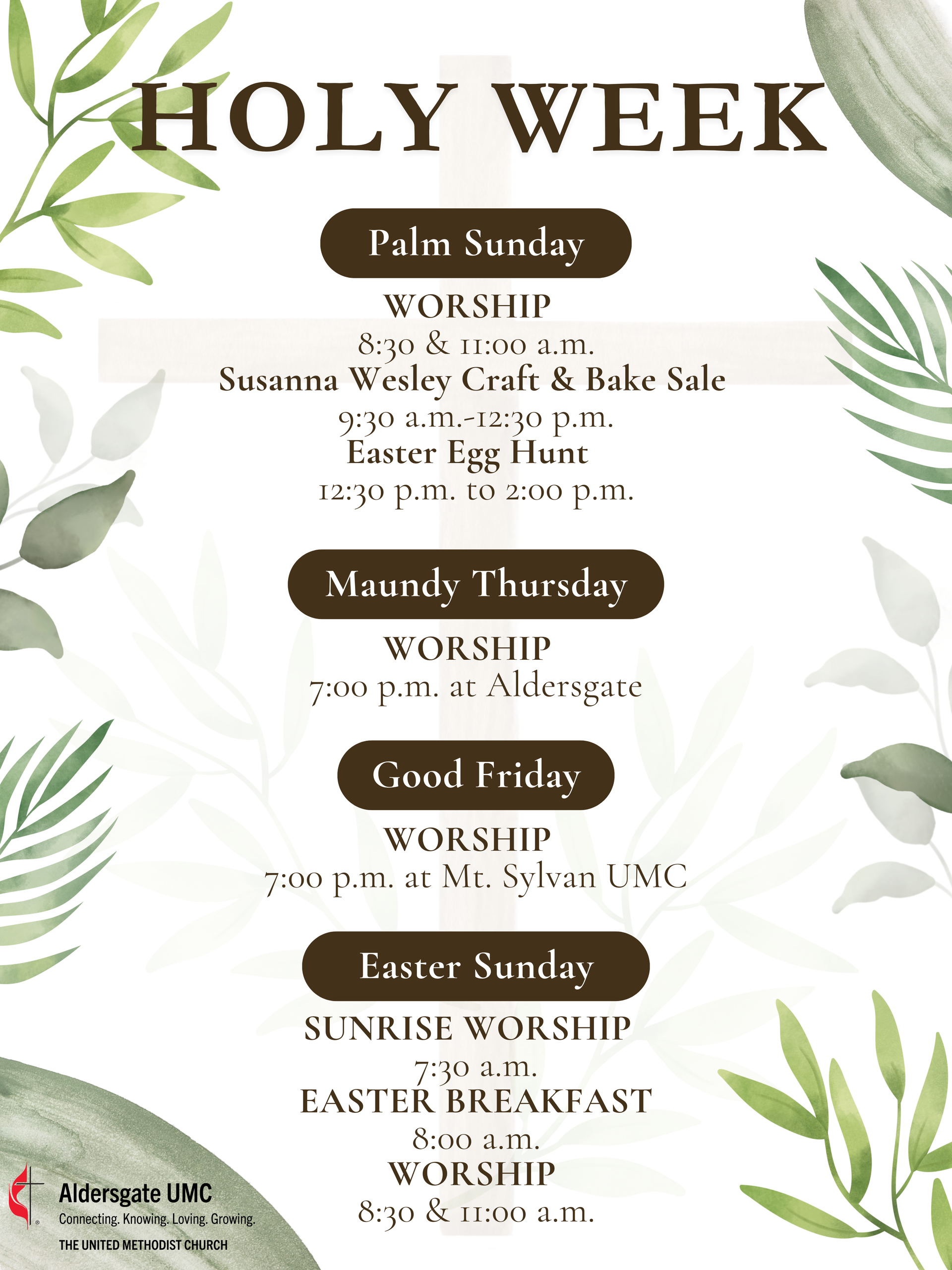 Holy Week 2025 schedule at Aldersgate United Methodist Church in north Durham 