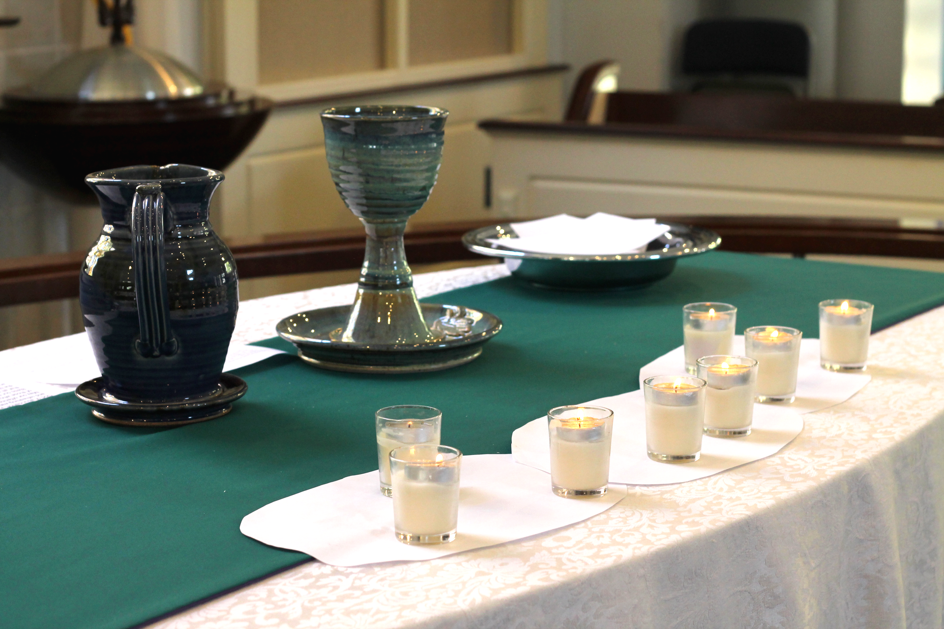 An altar with chalice and candles at Aldersgate United Methodist Church in north Durham