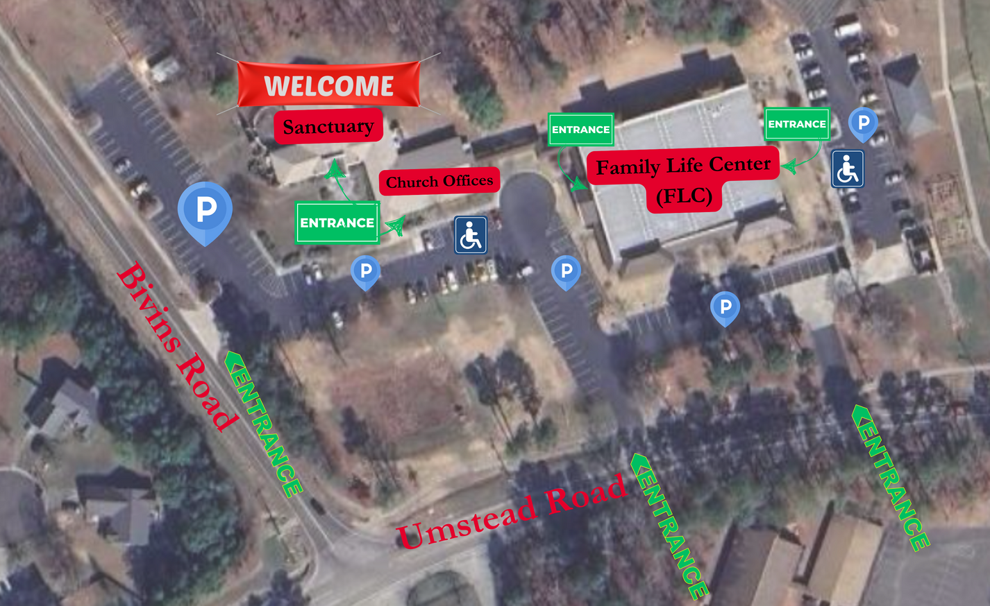 Overhead map of the campus of Aldersgate United Methodist Church in north Durham