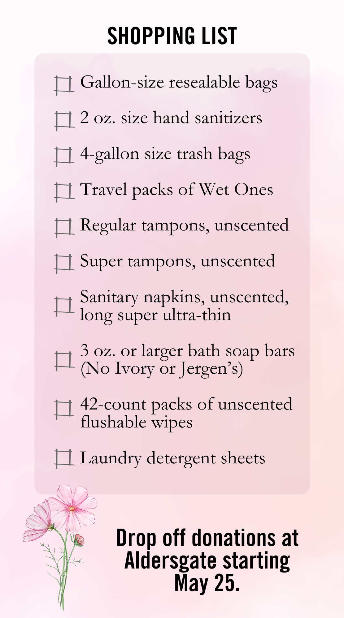A shopping list for hygiene kit collection for the North Carolina Conference of the United Methodist Church