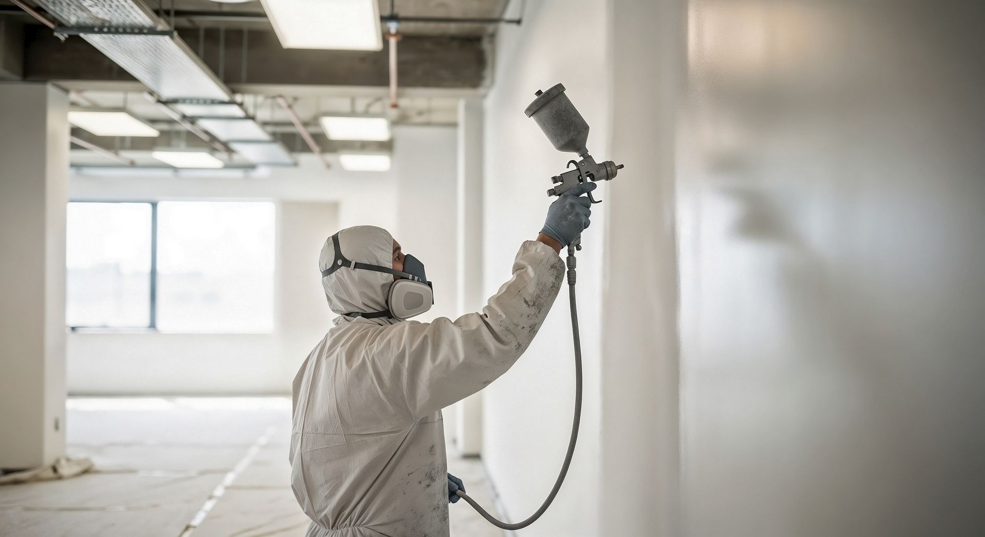 Worker in protective gear spray-painting a wall inside a bright, unfinished room.