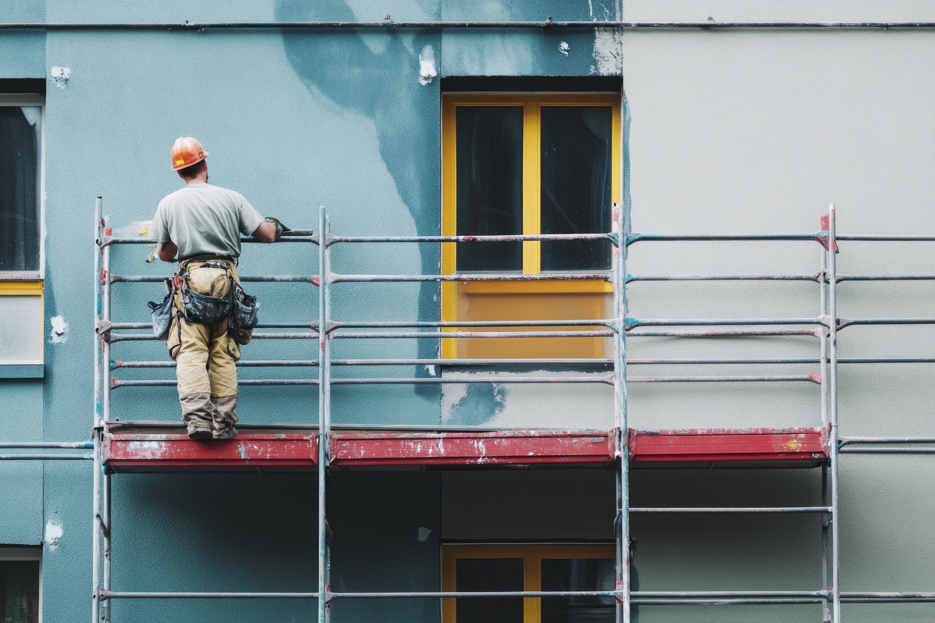 Worker on scaffolding painting a blue building facade beside a yellow window.