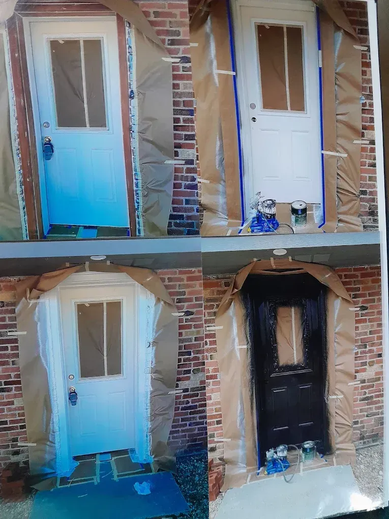 Before-and-after of a front door being painted blue, with masking tape and drop cloths around the doorway.