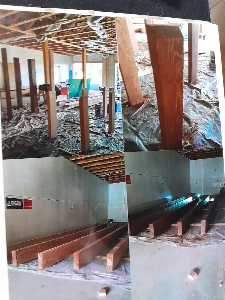 Collage of a basement renovation: wooden beams, supports, and concrete foundation walls with debris.