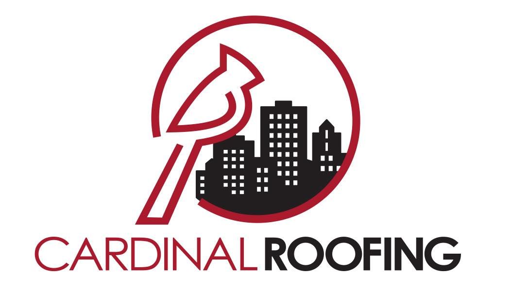 Cardinal Roofing logo with a red cardinal and black city skyline inside a red circle.