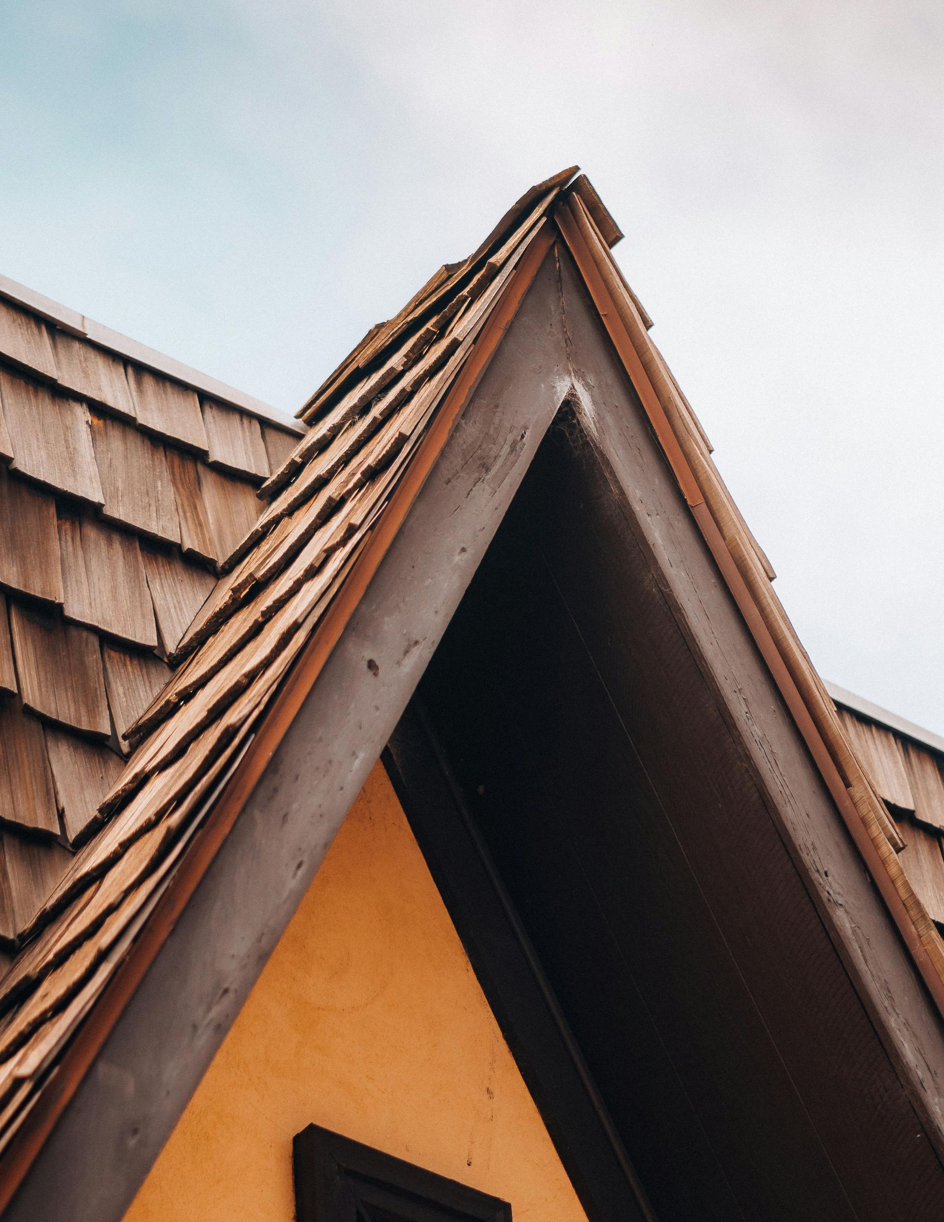 Steeply pitched roof with brown shingles and a triangular dormer against the sky