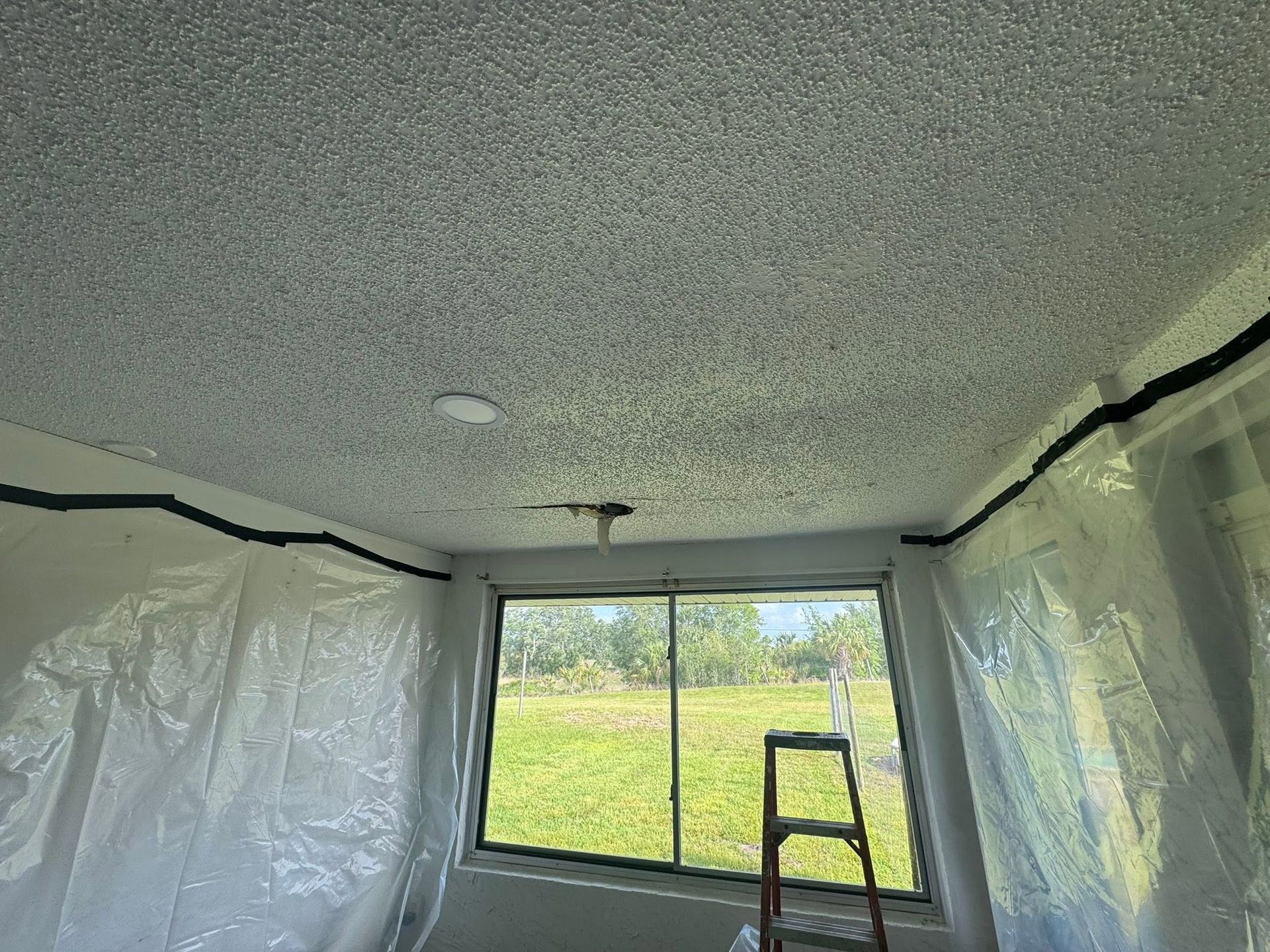 Room under renovation with plastic-covered walls, a ladder by the window, and grassy outdoors visible.
