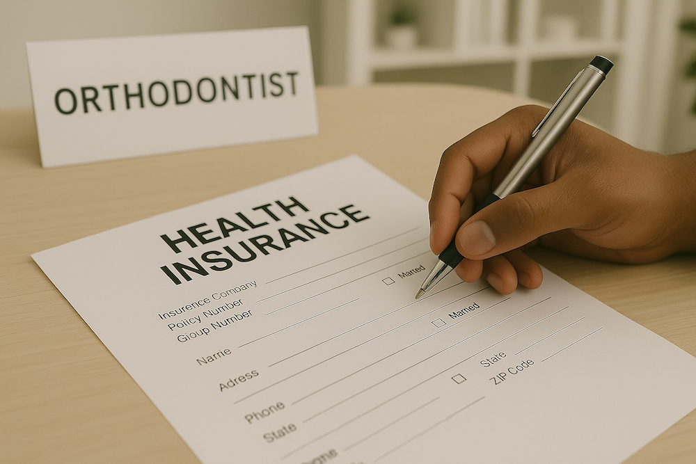 A person is writing on a health insurance form with a pen.
