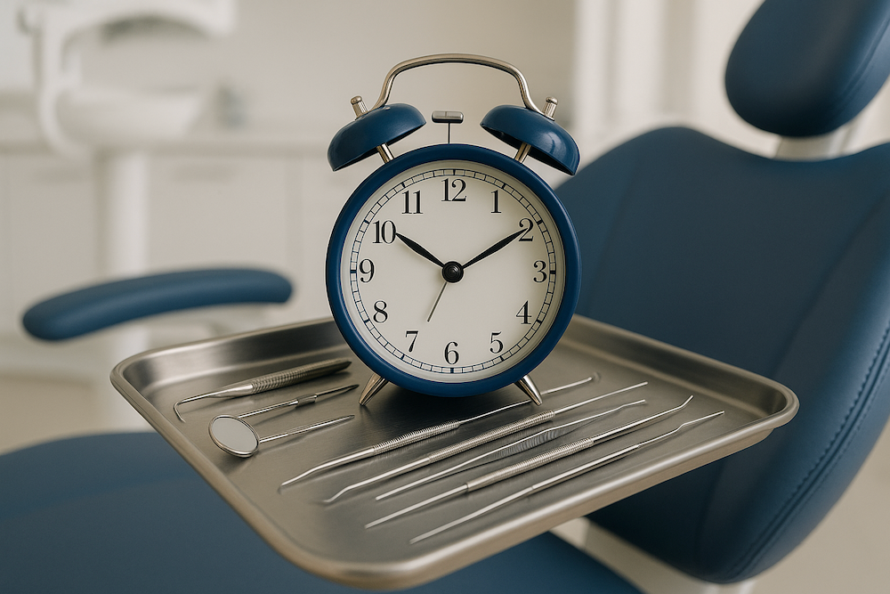An alarm clock is sitting on top of a tray of dental instruments.
