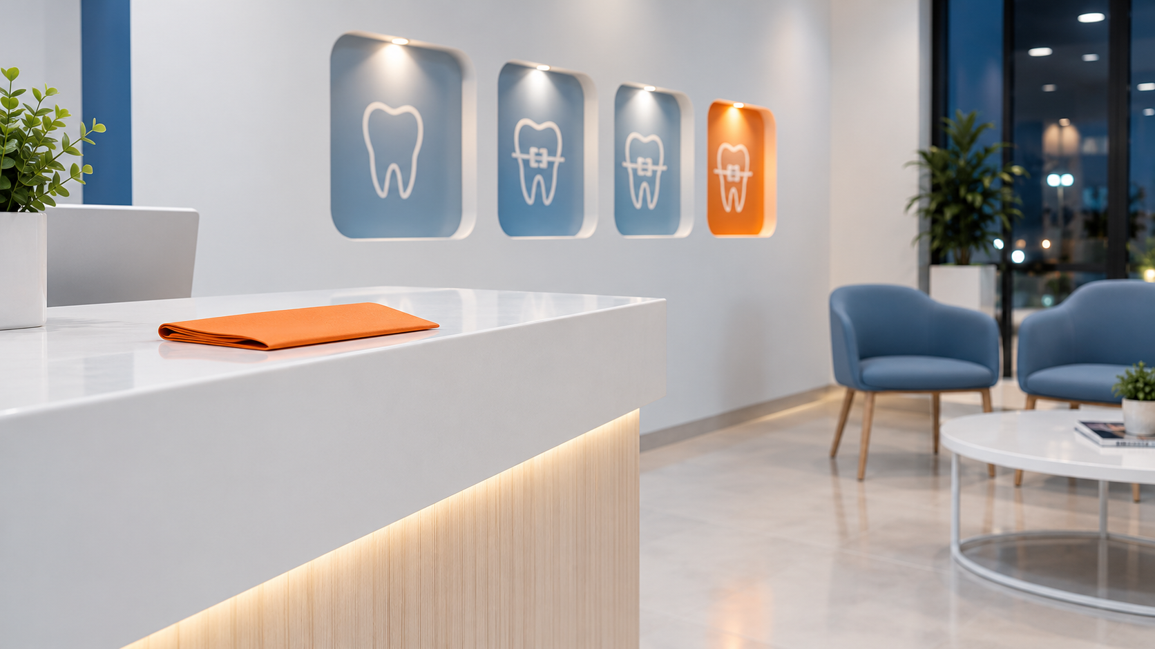 Modern dental clinic reception with white counter, tooth wall art, and blue waiting chairs