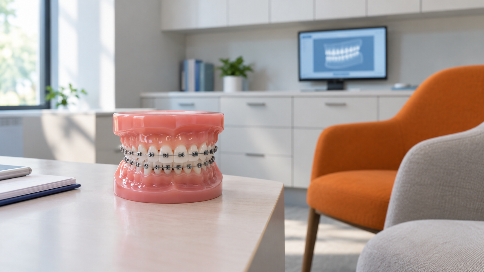 Dental braces model on a desk in a modern office, with an orange chair and computer screen in the background.