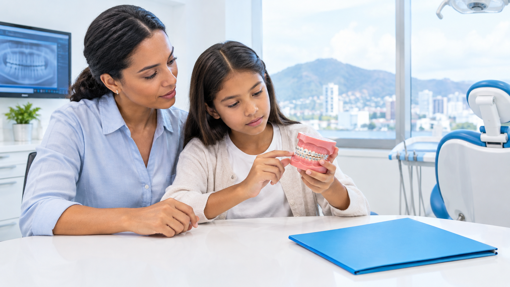 Woman and girl examining a dental model in a bright clinic, with a blue folder on the table.