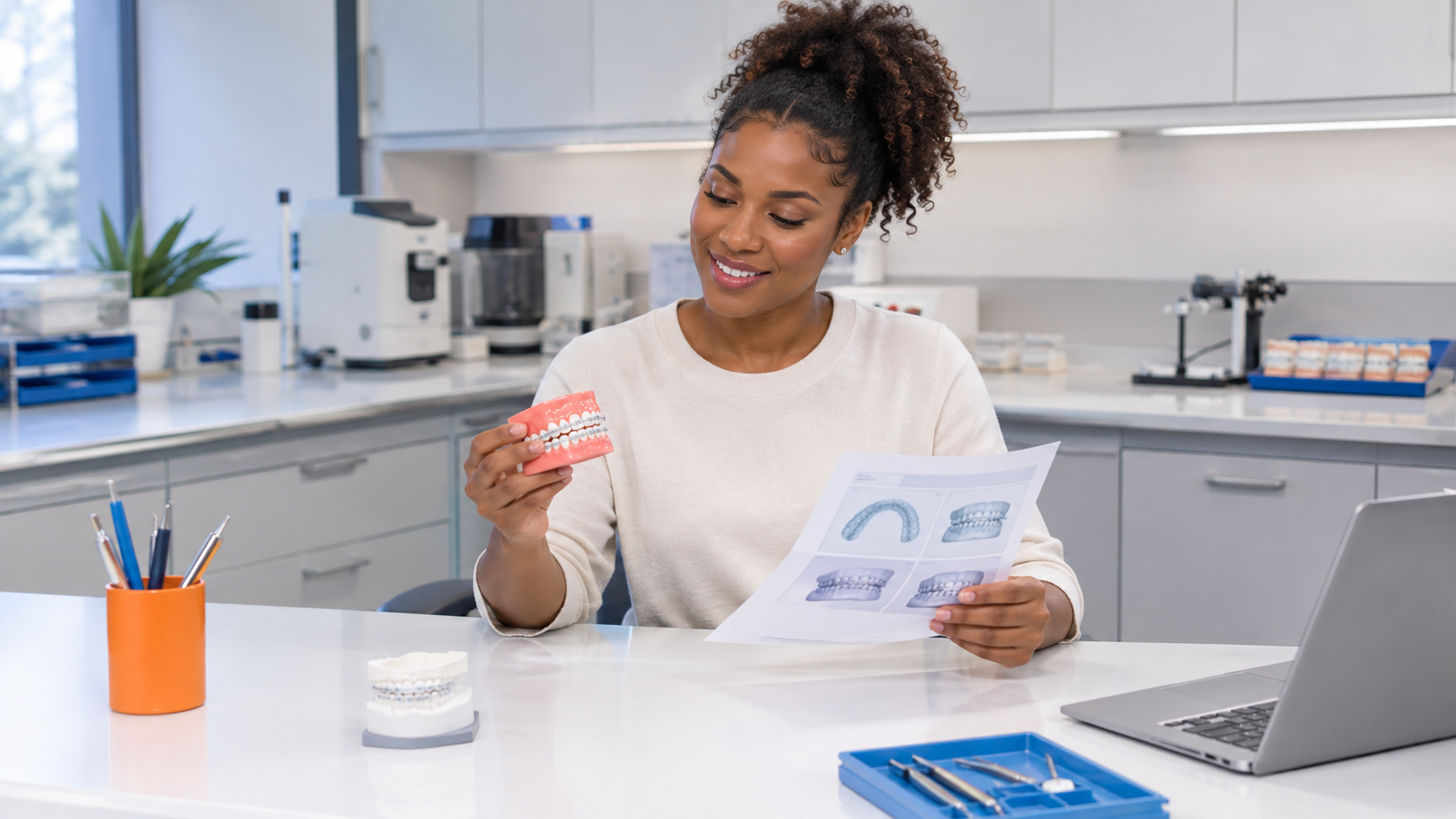 Woman in a bright kitchen reading a booklet while holding a prescription bottle, with a laptop and pill bottle nearby.