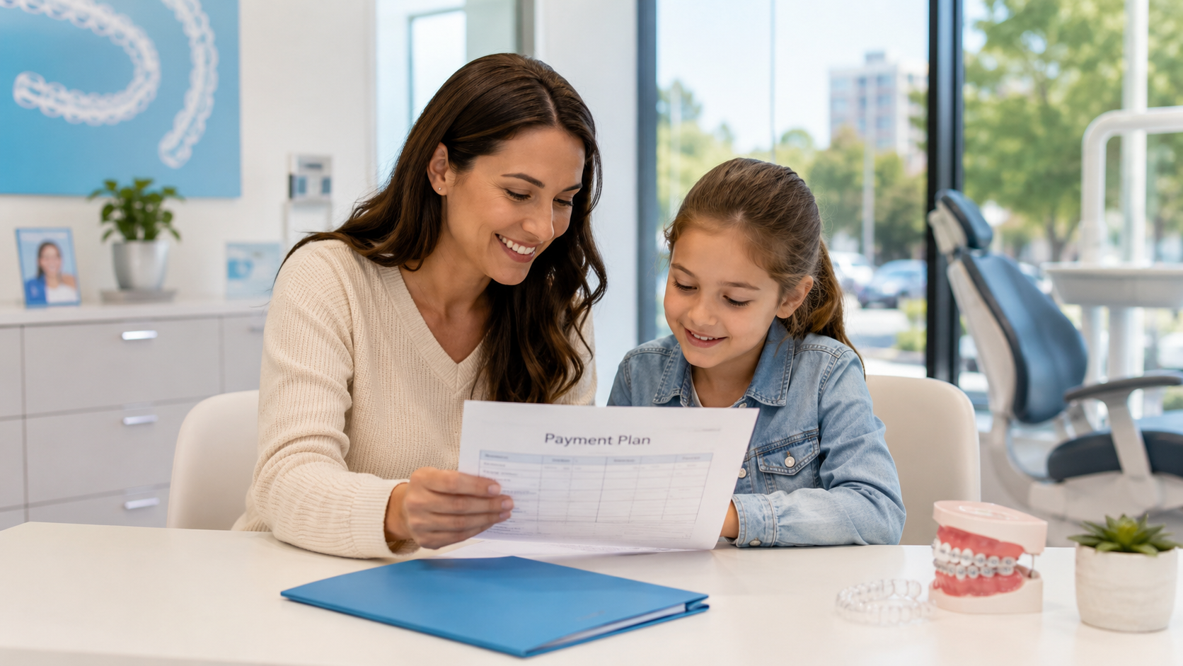 Woman and child smiling at a table, reading a document in a bright office room.