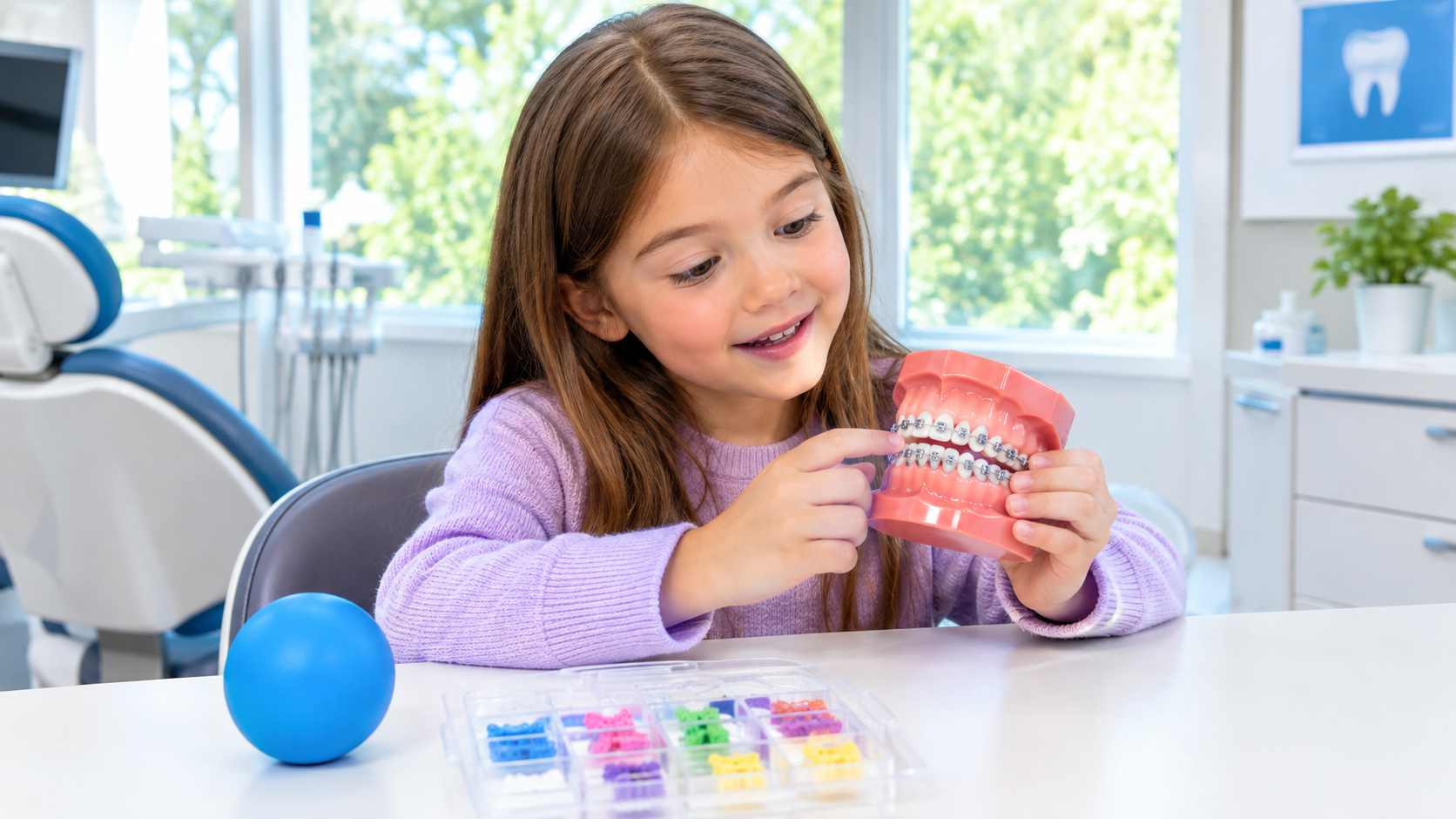 Child in a dental office holding a red dental model, with colorful tooth models on the table