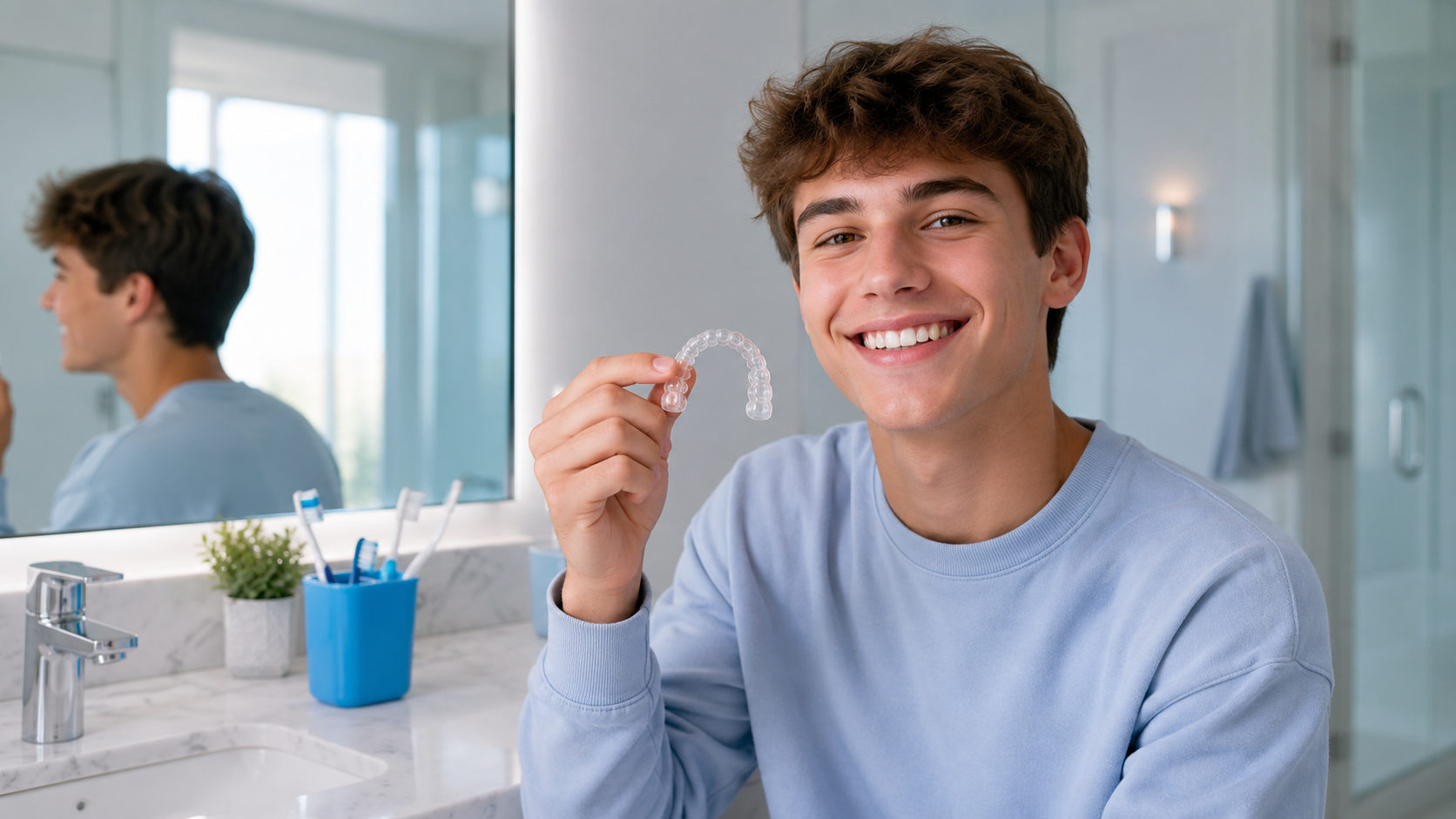 Smiling person holding clear aligners in a bright bathroom with a mirror and toothbrushes