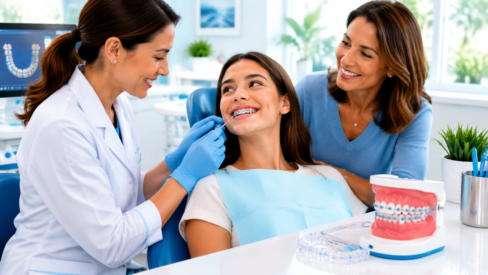 Dentist examining a smiling patient while a woman watches; dental model on the table