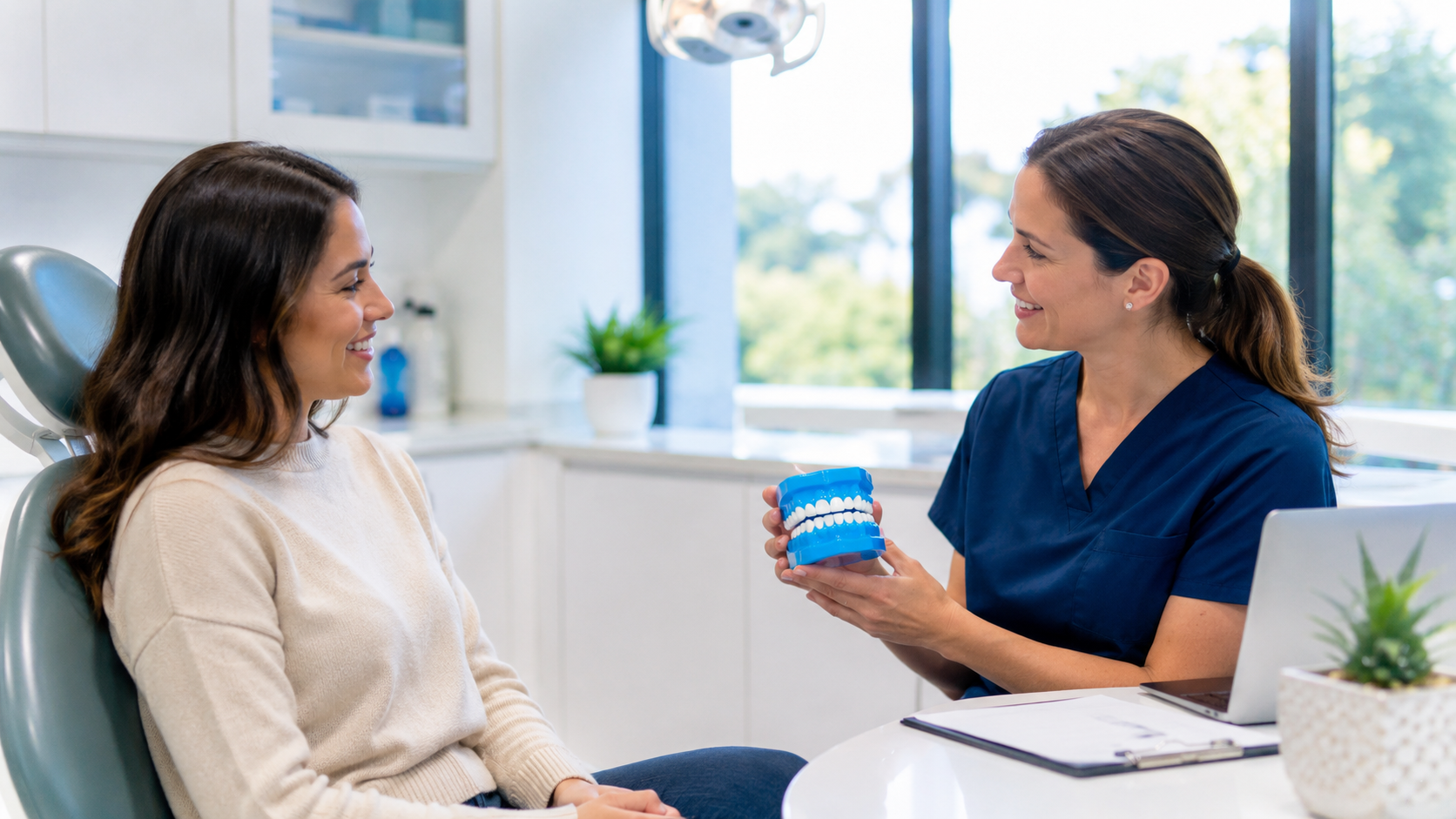 Patient speaking with a clinician in a bright exam room while holding a dental model.