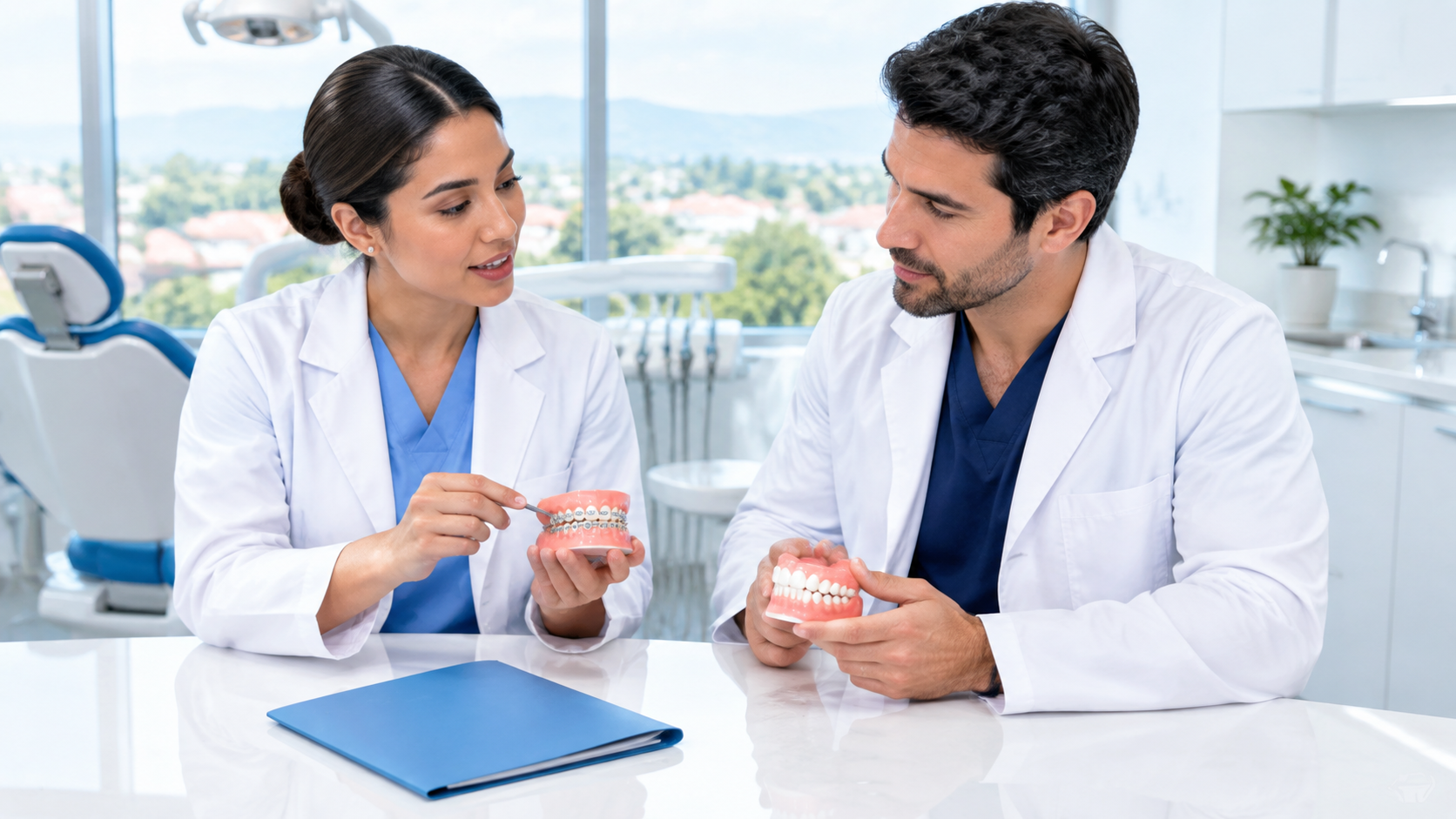 Two clinicians in white coats examining dental models and discussing treatment in a bright office