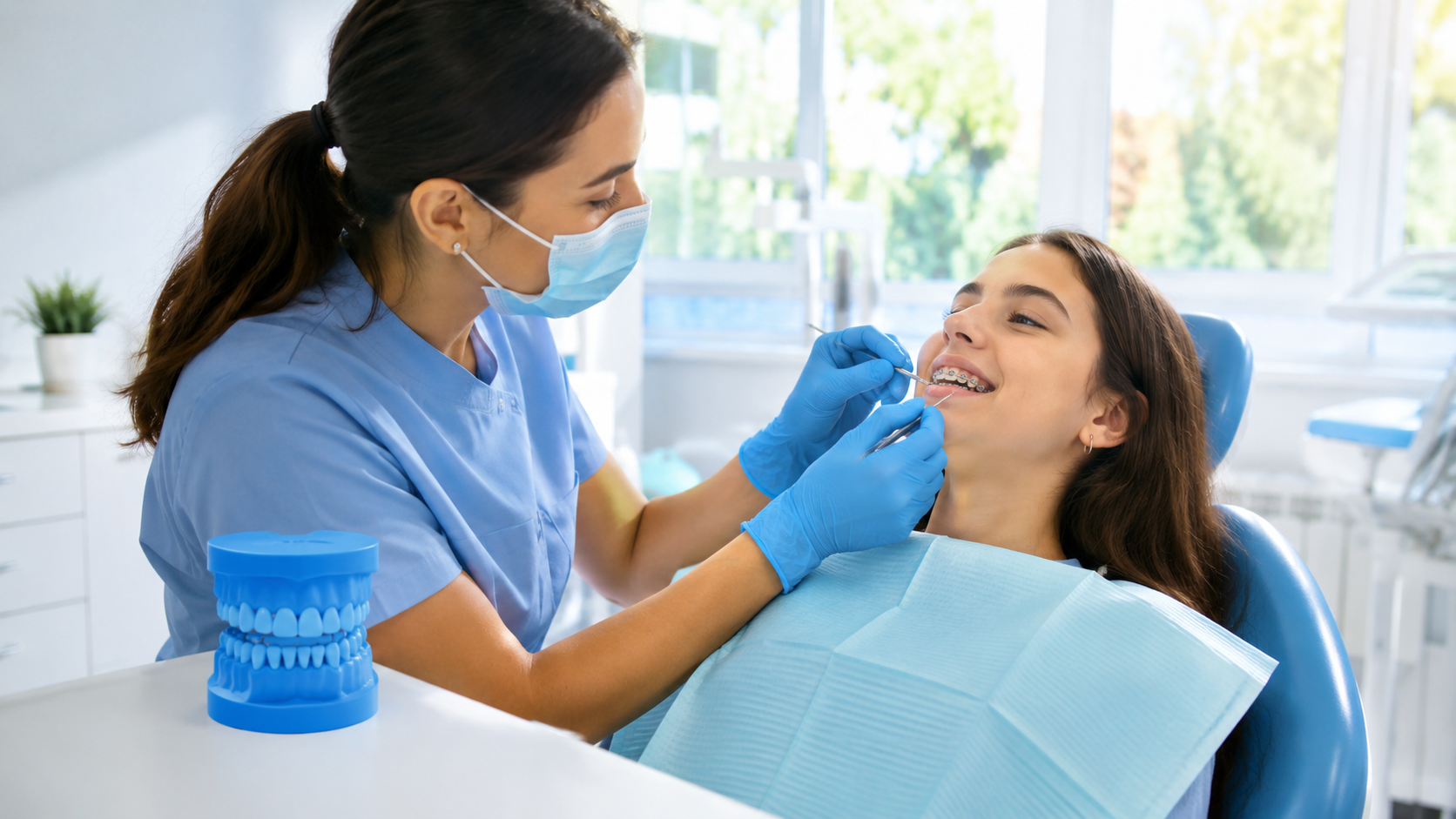 Dentist in blue scrubs examines smiling patient in a dental chair with a mask and gloves