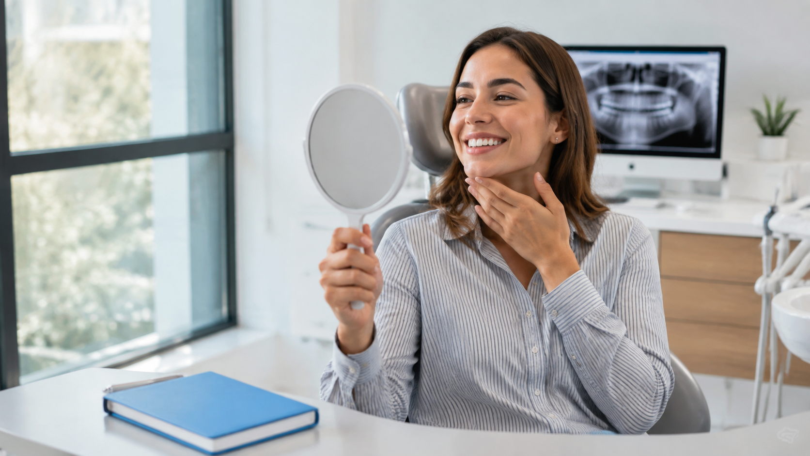 Woman examining her face in a hand mirror at a desk, with a laptop and books nearby.